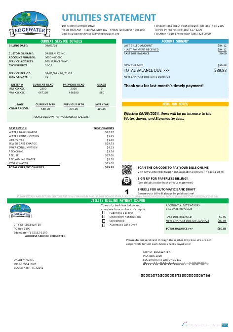 USA Florida City of Edgewater business utility bill template in Word and PDF formats